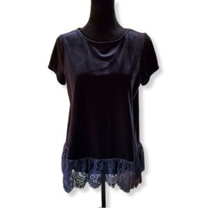 Adrianna Papell Black Velvet and Lace Short Sleeve Top Sz S